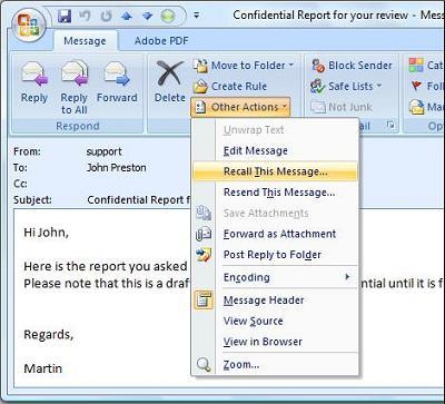 outlook 2007 recall message