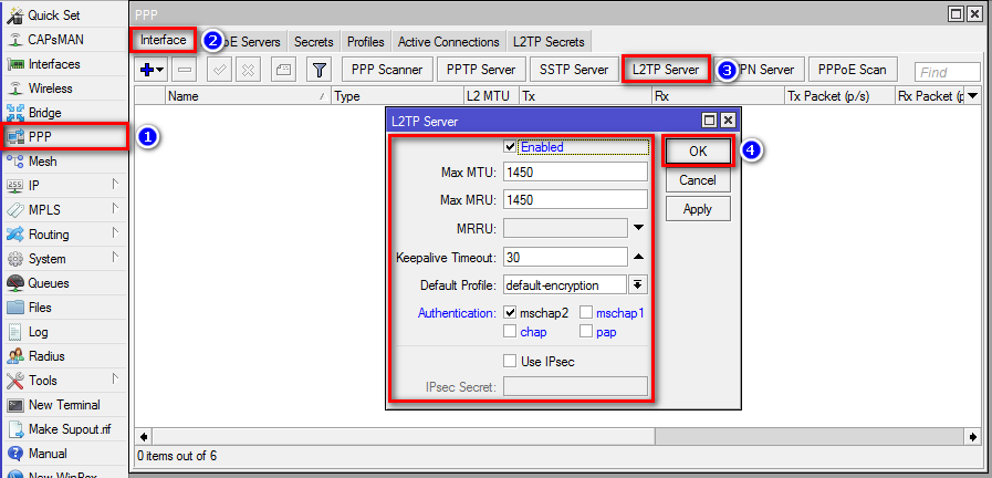 Включение L2TP-сервера на маршрутизаторе МикроТик