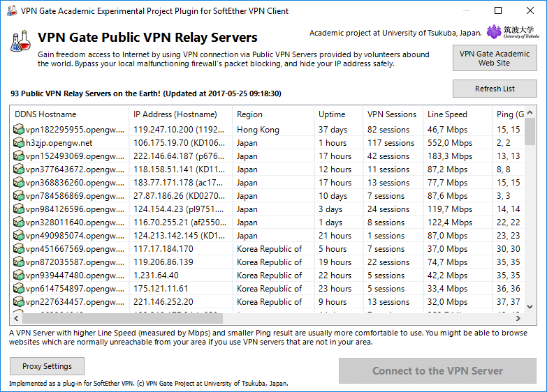  список текущих открытых серверов VPN Gate
