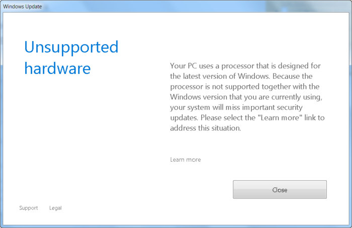 Unsupported hardware Your PC uses a processor that is designed for the latest version of Windows