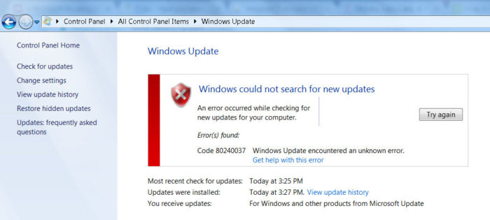 80240037 Windows Update encountered an unknown error