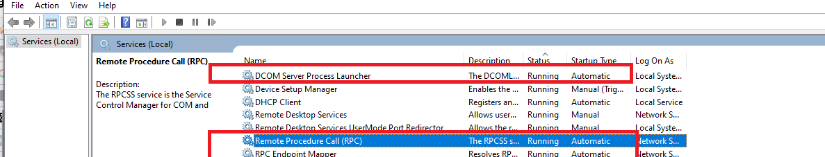проверить, что службы RCP запущены в Windows