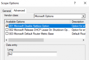 Отключение NetBios ддя клиентов DHCP опцией 001 Microsoft Disable Netbios Option