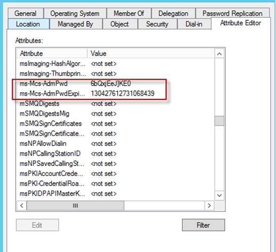 Атрибут ms-MCS-AdmPwd и значени пароля администратора компьютера