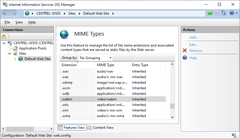 IIS Manager: окно добавления MIME-типа .webp (image/webp) в раздел MIME Types