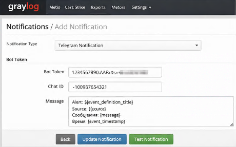 graylog telegram notification настройка alert bot token chat id
