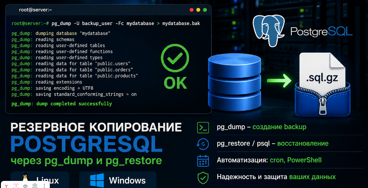 Резервное копирование PostgreSQL с помощью pg_dump и pg_restor