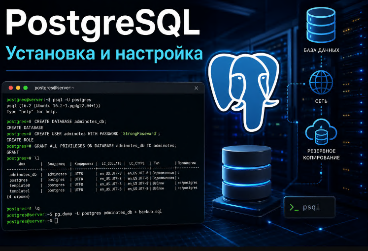 PostgreSQL сервер Linux с настройкой базы данных через терминал
