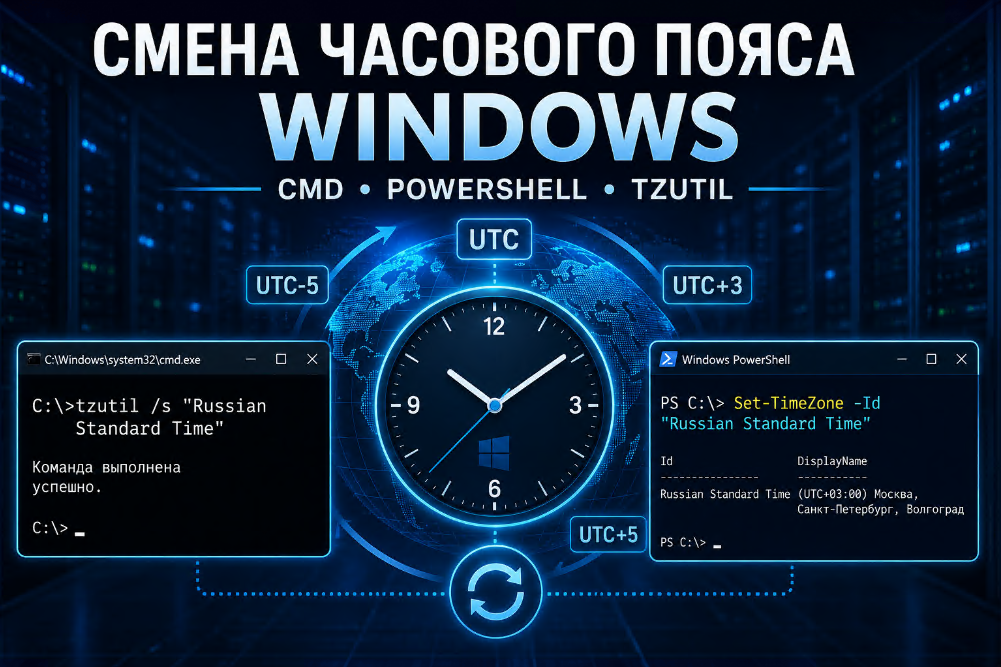 Изменение часового пояса в Windows через командную строку CMD и PowerShell