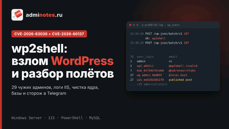 wp2shell — взлом WordPress: логи IIS с запросами batch/v1 и список чужих администраторов